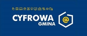 logo projektu cyfrowa gmina biały napis "Cyfrowa Gmina" na granatowym tle z umieszczoną grafiką małpy w obrysie mapy Polski