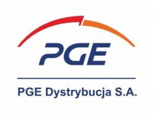 Logo PGE Dystrybucja na białym tle czerwono żółte półkoliste kreski drukowane litery PGE poniżej napis PGE Dystrybucja S.A
